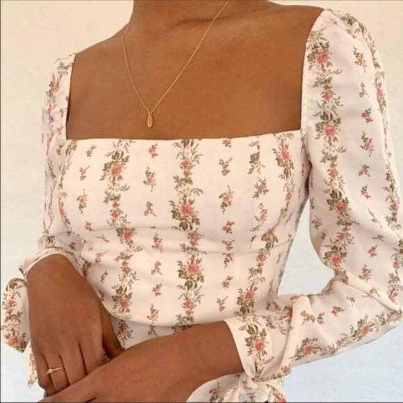 Reformation Womens 2 Ariana Top Floral Square Neck Shirt Crop Smocked Poppyseed - Picture 1 of 7